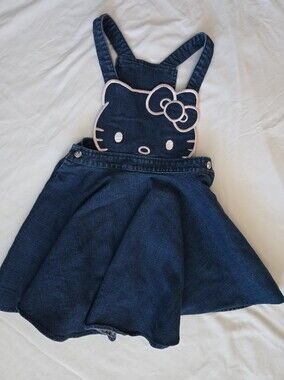 * Hello Kitty Dark Denim Overall Skirt with Pink Applique Button Sides
